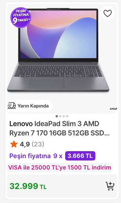 Lenovo IdeaPad Slim 3 AMD Ryzen 7 170 16GB 512GB SSD Freedos 15.3" Taşınabilir Bilgisayar