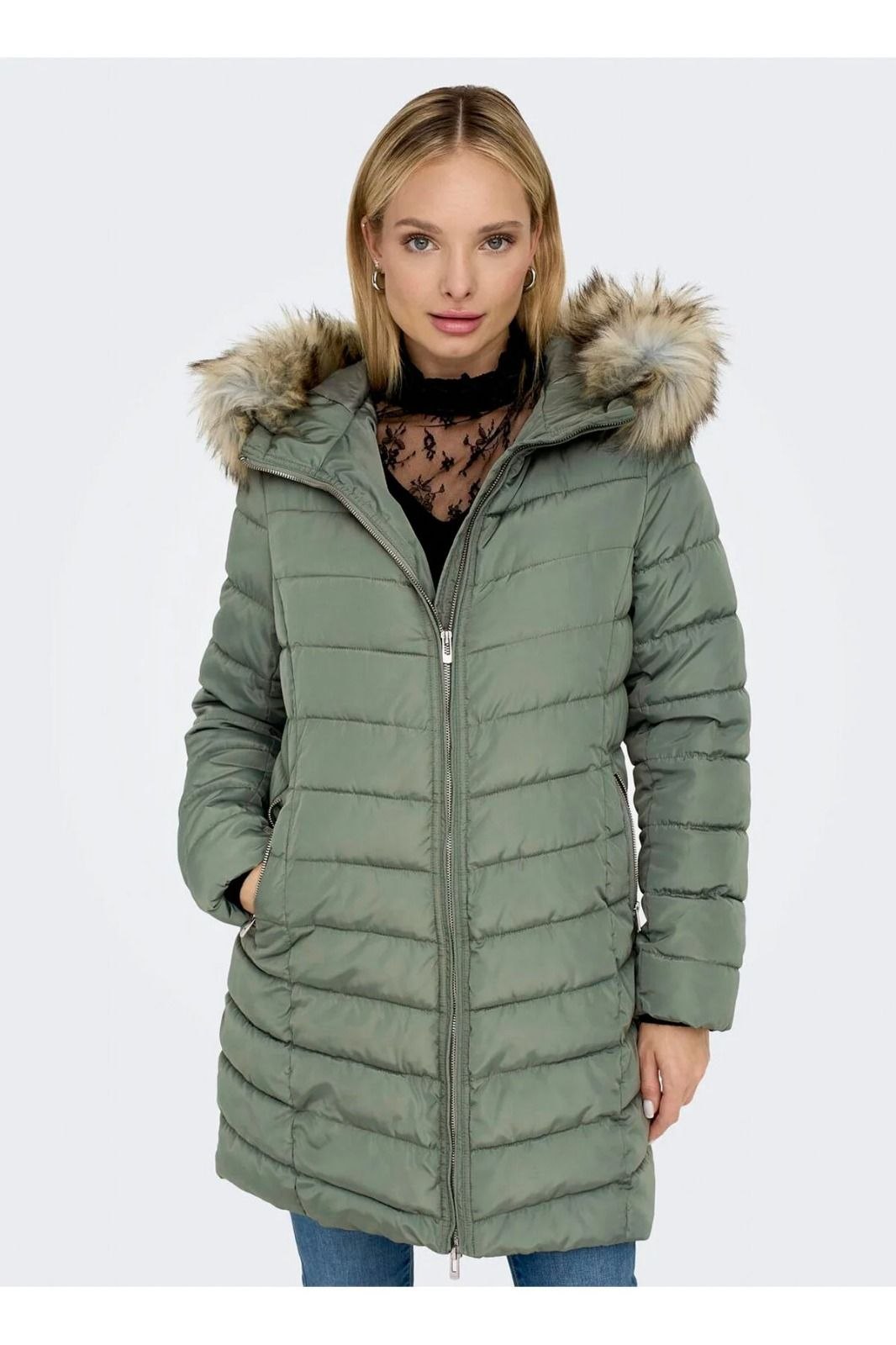 Only Açık Yeşil Kadın Kaban Onlellan Quilted Hood Fur Coat